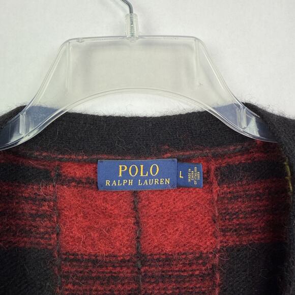 Polo Ralph Lauren Red Black Alpaca Wool Sweater Cardigan Tartan Plaid Women's L - Picture 3 of 8